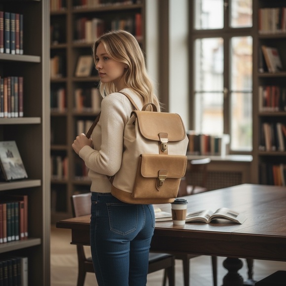 Escada Vintage canvas and leather Tan and Cream backpack - Picture 7 of 11
